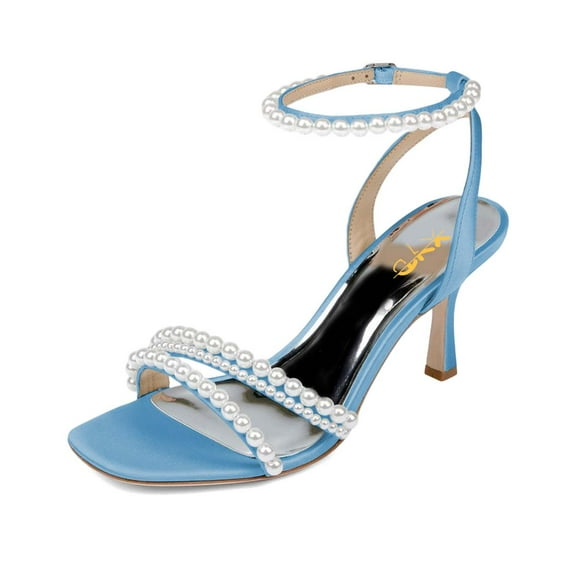 XYD Women's Pearl Kitten Heel Open Toe Sandals Silk Satin Rhinestone Bridal Prom Wedding Shoes Size 13 Blue