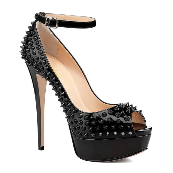 XYD Women's Peep Toe Strap Buckle Studded Pumps Platform Stilettos Super High Heels Sexy Nightclub Dress Shoes Size 5 Black