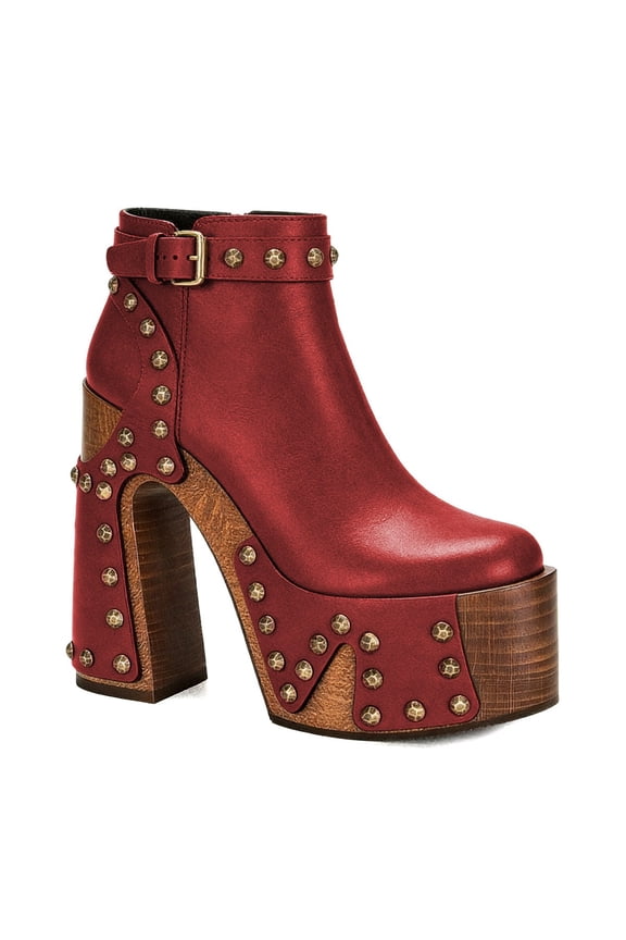 Women's Wooden Platform Block Heel Ankle Boots with Bronzed Brass Studs Round Toe Buckled Strap Side Zip Vintage Parties Shoes Size 16 Red