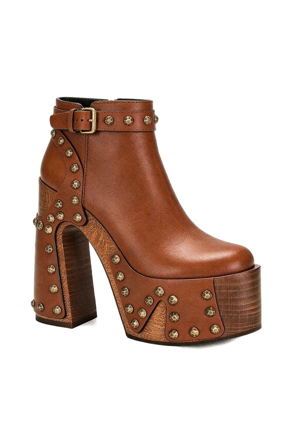 Women's Wooden Platform Block Heel Ankle Boots with Bronzed Brass Studs Round Toe Buckled Strap Side Zip Vintage Parties Shoes Size 9 Brown