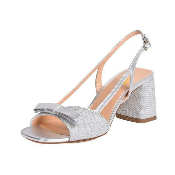 XYD Womens Elegant Bowknot Square Open Toe Slingback Pumps Slip On Block Mid Heels Sandals Glitter Dressy Shoes Size 11 Silver