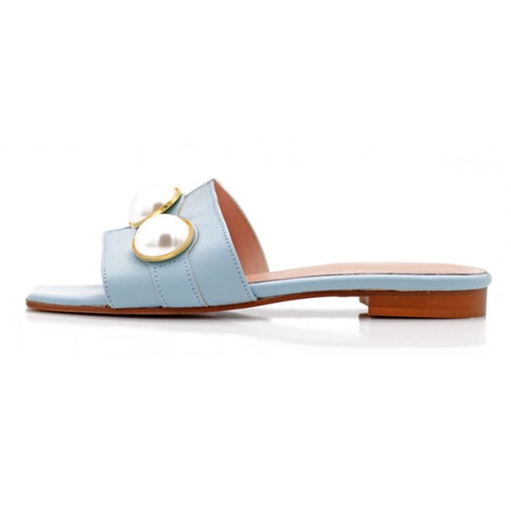 XYD Womens Fashion Glossy Pearls Square Open Toe Flat Sandals Slip On Mule Slipper Summer Dress Shoes Size 9.5 Blue