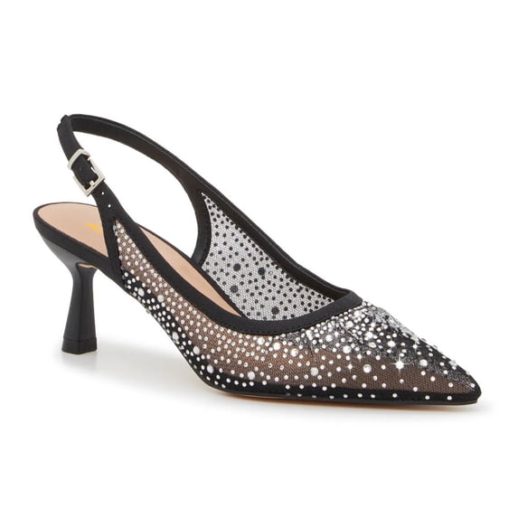 XYD XYD Women Pointy Toe Slingback Pumps Rhinestones Studded Mesh Low Heels Party Evening Shoes Size 4 Black