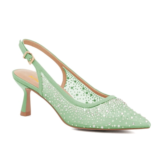 XYD XYD Women Pointy Toe Slingback Pumps Rhinestones Studded Mesh Low Heels Party Evening Shoes Size 6.5 Green