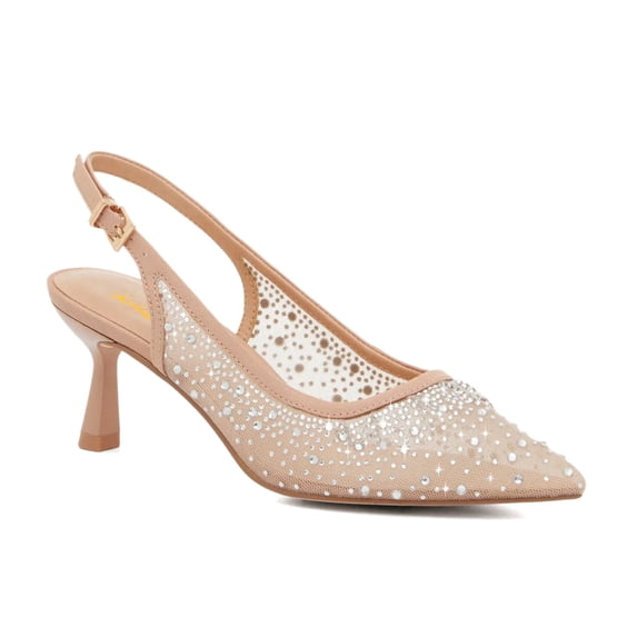 XYD XYD Women Pointy Toe Slingback Pumps Rhinestones Studded Mesh Low Heels Party Evening Shoes Size 8.5 Nude