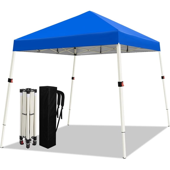 XYGOO 10x10 Ft Slant Legs Pop Up Canopy Tent, 1-Button Push Setup Canopy Tent, Adjustable Height Instant Portable Shelter, Protable Backpack, Easy Outdoor Sun Shade for Events, 8x8 Top, Blue
