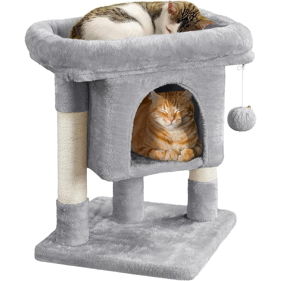 XYGOO 23.5in Low Cat Tree for Senior Cats, Sturdy 3-Level with Large Top Perch, Condo & Sisal Scratching Posts, Space-Saving for Apartments, Light Gray
