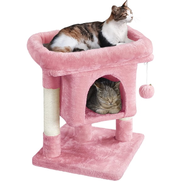 XYGOO 23.5in Low Profile Cat Tree, Sturdy Tower with Condo & Sisal Scratching Posts, Activity Center for Indoor Cats & Kittens, Pink