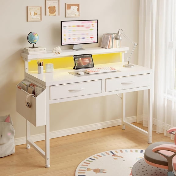 XYGOO 32" Computer Desk with 2Drawers and Side Pocket for Teenagers,Office Desk with Monitor Stand and LED Lights, Study Writing Table with Anti-Tip Design for Small Spaces,Glacier White