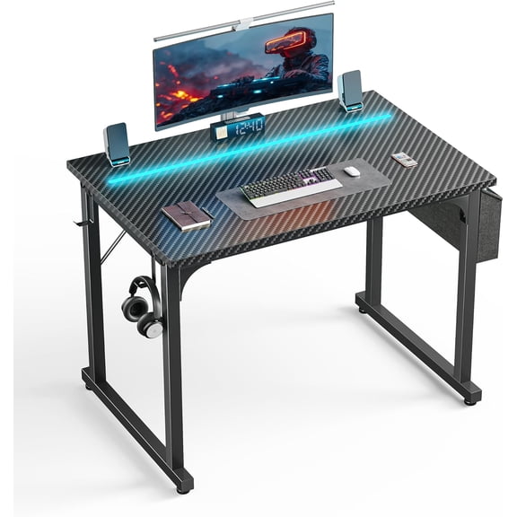 XYGOO 32" Gaming Desk with Waterproof LED Lights, Carbon Fiber Desktop for Small Spaces | Home Office Study Computer Desk with Storage Bag & Headphone Hook, Black