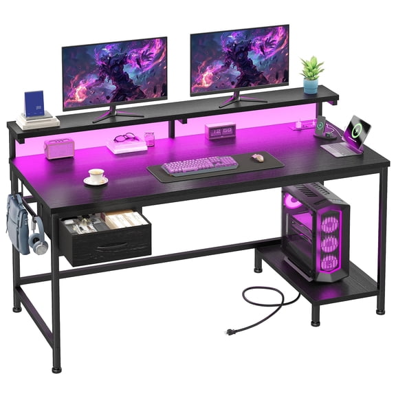 XYGOO 47.2 Inch Gaming Desk with LED Lights & Power Outlet, Adjustable Monitor Riser, Storage Drawer & CPU Holder, Home Office Computer Desk for Gaming Working Studying, Small Space Friendly, Black