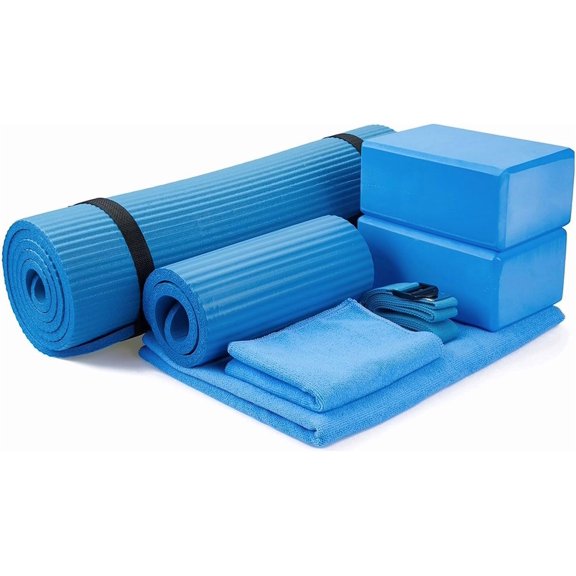 XYGOO 7-Piece Yoga Set with 71x24x0.5 Inches Extra Thick Mat and Carrying Sling  Includes 2 Blocks, Stretch Strap, 2 Towels, and Knee Pad for Home, Studio, and Gym Workouts  Blue