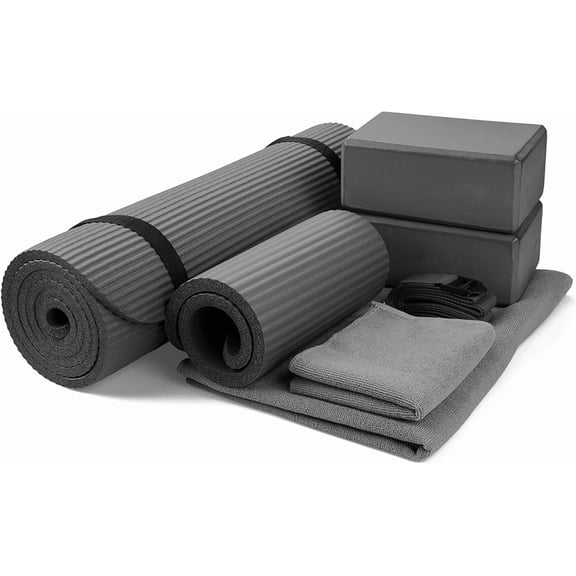 XYGOO 7-Piece Yoga Set with 71x24x0.5 Inches Extra Thick Mat and Carrying Sling  Includes 2 Blocks, Stretch Strap, 2 Towels, and Knee Pad for Home, Studio, and Gym Workouts   Gray