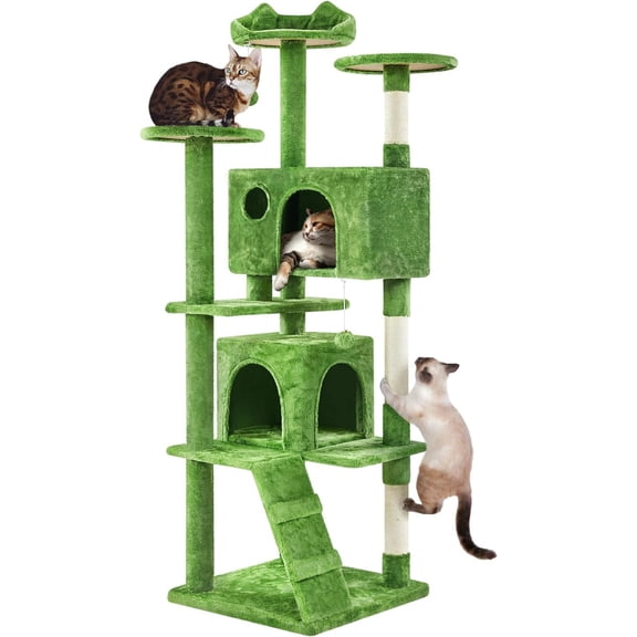 XYGOO 70in Multi-Level Cat Tree, Sturdy Tower with Cat Condo, Sisal Scratching Posts & Dangling Balls, Indoor Cat Activity Center, Green