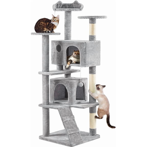 XYGOO 70in Multi-Level Cat Tree, Sturdy Tower with Condo, Sisal Scratching Posts & Dangling Ball, Indoor Cat Activity Center, Light Gray