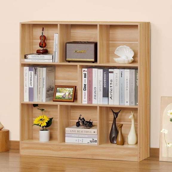 XYGOO 8 Cube Bookshelf with Base,3 Tier Mid-Century Modern Natural Bookcase,Standing Wide Bookshelves Storage Organizer Shelf,Rustic Wood Display Cabinet Book Shelves for Bedroom,Living Room,Office
