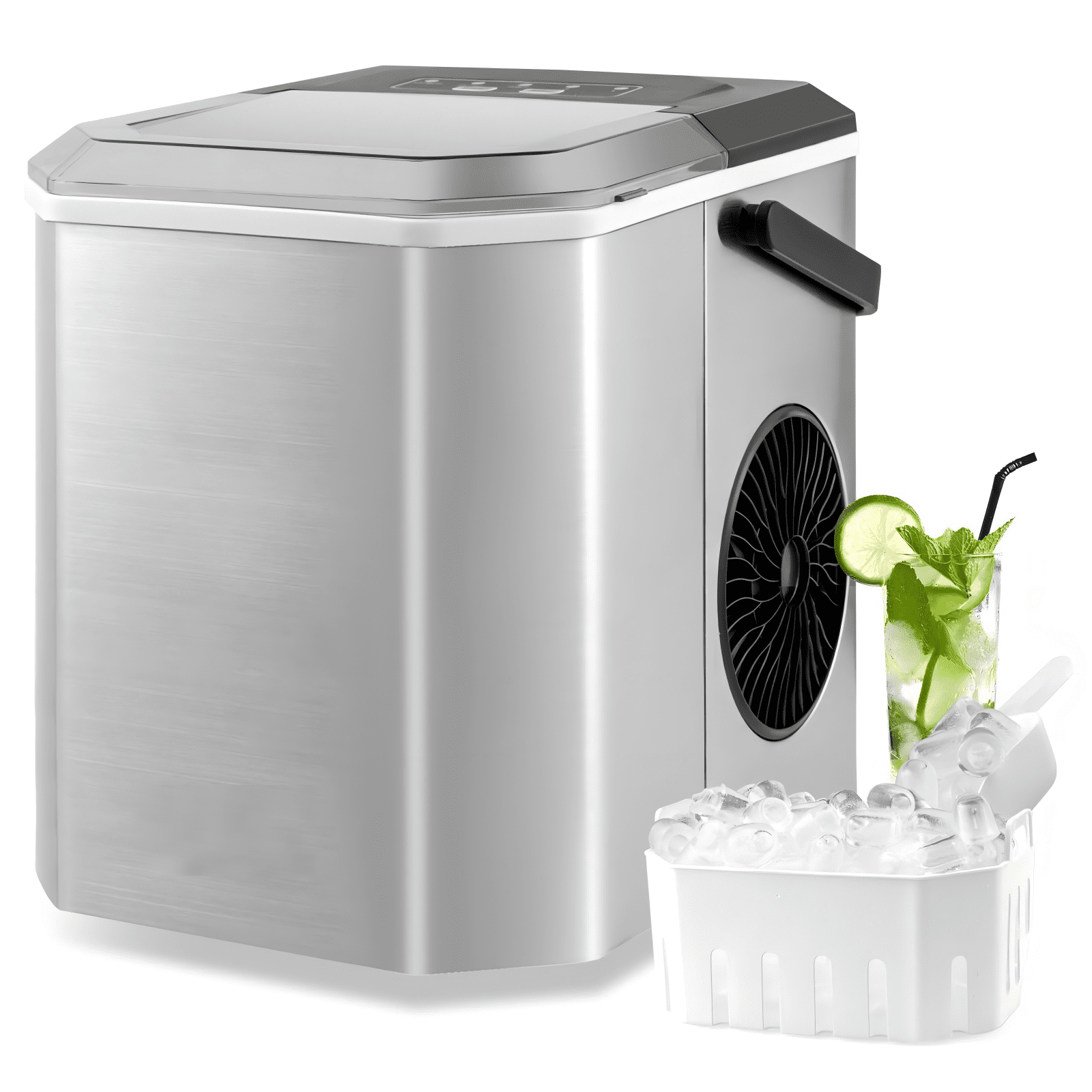 XYGOO Countertop Ice Maker with Self-Cleaning, 9 Ice Cubes Ready in 6-13 Mins, 26.5Lbs/24H, 2 Sizes of Bullet Ice, Portable Ice Machine with Handle, Ice Scoop and Basket for Home Office (Silver)