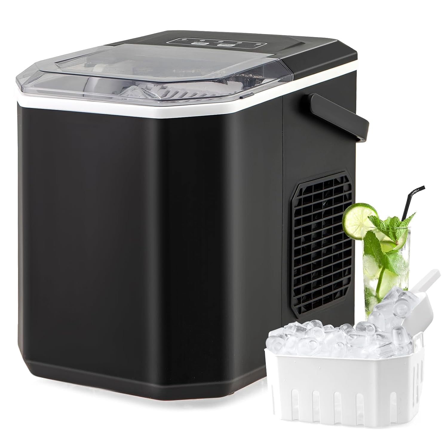 XYGOO Countertop Ice Maker with Self-Cleaning, 9 Ice Cubes Ready in 6-13 Mins, 26.5Lbs/24H, 2 Sizes of Bullet Ice, Portable Ice Machine with Handle, Ice Scoop and Basket for Home Office (Black)