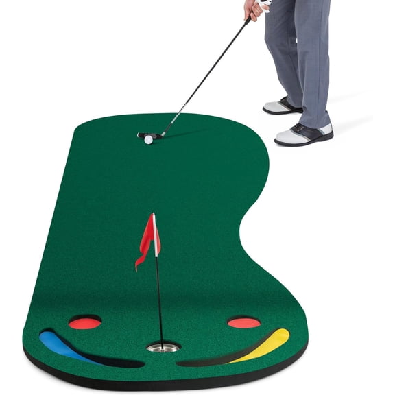 XYGOO Putting Green, 10 x 3 ft Par Three Putting Mat Set with 3 Putting Cups, 1 Flag and Golf Hole Covers, Putting Green Mat for Golf Training Practice Indoor/Outdoor, Garage, Backyard, Office