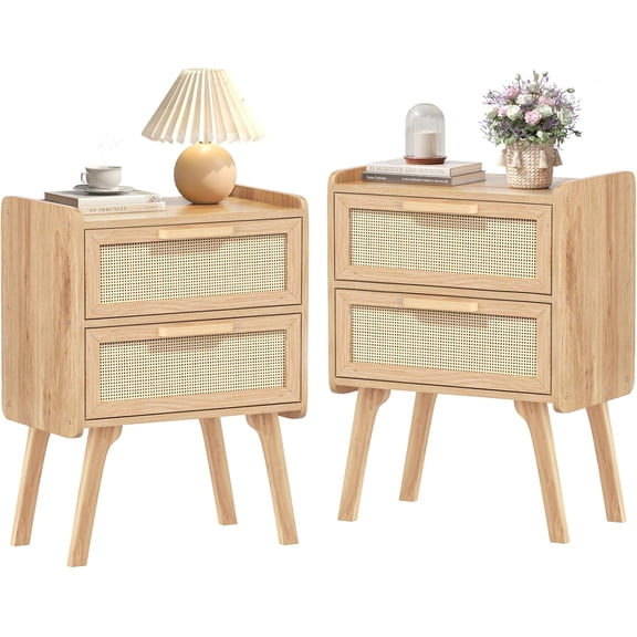 XYGOO Rattan Nightstands Set of 2, Boho Night Stand with 2 Drawers, Cane Accent Side End Table, Bedside Table with Solid Wood Legs for Bedroom, Dorm and Small Spaces (Natural)