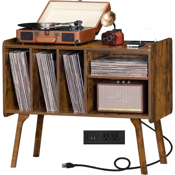 XYGOO Record Player Stand with Charging Station Holds Up to 220 Albums, Brown Turntable Stand with 4 Cabinet, Large Mid-Century Record Player Table,Vinyl Holder Storage for Bedroom Living Room