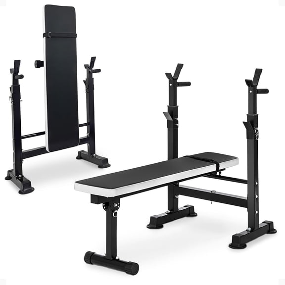 XYGOO Steel Weight Bench w/ Squat Rack, 400 lb User Capacity - Foldable Home Gym Equipment for Range of Workouts w/ 6-Position Barbell Holder & Adjustable Seat and Recliner