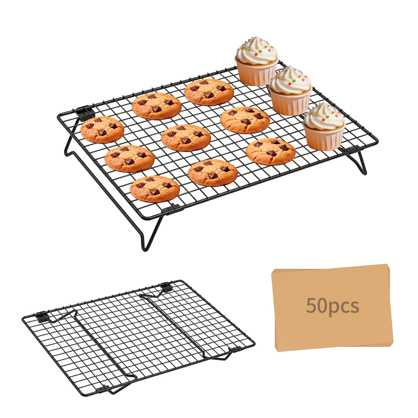 XYHOOK 13 x 9inch Double-Tier Stackable Cooling Rack Set, Includes 50 Sheets of Parchment Paper, Non-Stick Wire Mesh Cooling Rack with Foldable Legs,Ideal for Baking, Drying, and cooling Cookies