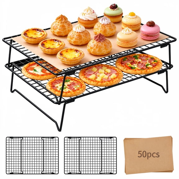 Stackable Cooling Rack for Baking, 2-Tier Carbon Steel Nonstick Wire Rack with Collapsible Legs, 13.4x9.4 Inch, Black, 2 Pcs