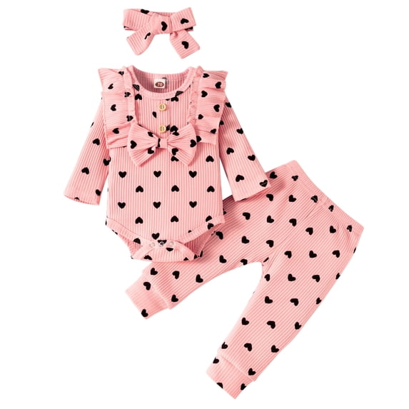 XYIJANI 2 Piece Outfits Infant Baby Girls Two-Piece Suit Heart Print Ribbed Bow Romper Tops+ Pants Headband Outfits Clothes 3Pcs Set Girls Clothing Set Girls Summer Outfits Clothes for Kids (Pink,70)