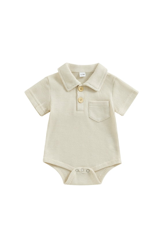 Baby Girl Pajamas 0-3 Months Lesimsam Newborn Baby Boy Clothes Knit Shirt Romper Solid Color Button Up Short Sleeve Collared Bodysuit Outfit 18 Month Boy (Beige,3M)