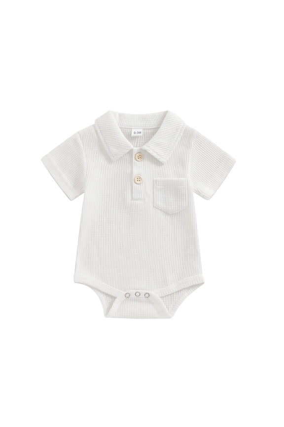 Baby Girl Sets Lesimsam Newborn Baby Boy Clothes Knit Shirt Romper Solid Color Button Up Short Sleeve Collared Bodysuit Outfit 18 Month Boy Boys 18-24 Month Clothes (White,6M)