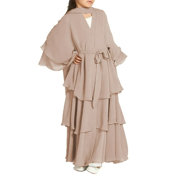 XYIJANI Chiffon Layered Dress Open Abaya Dubai Kaftan Muslim Cardigan Abayas Dresses for Girls Casual Dresses Robe Kimono Islam Clothin (Beige,130)