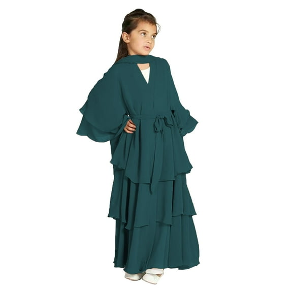 XYIJANI Chiffon Layered Dress Open Abaya Dubai Kaftan Muslim Cardigan Abayas Dresses for Girls Casual Dresses Robe Kimono Islam Clothin (Green,130)