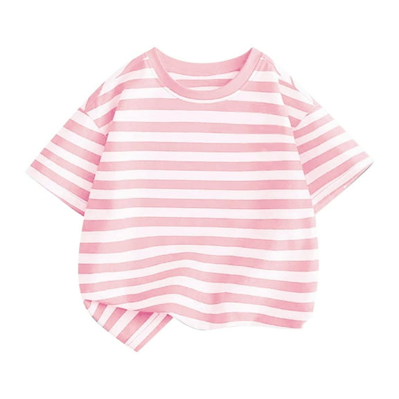 XYIJANI Children's Summer T Shirt Short Sleeved Stand Up Collar Striped Top Casual Going Out for Boys or Girls (Pink,120)