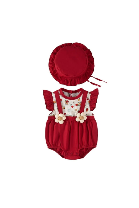 Clearance 0-3 Months Baby Girl Clothes Infant Newborn Baby Summer Romper Fly Sleeve Cute Flower Print Baby Dress with Baby Cap (Red,73)