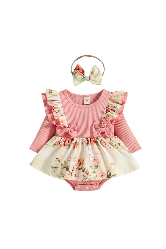 Clearance 3-6 Month Girl Clothes Infant Girls Ruffles Long Sleeve Ribbed Floral Prints Bowknot Romper Newborn Bodysuits Dress Headbands Set (Pink,70)