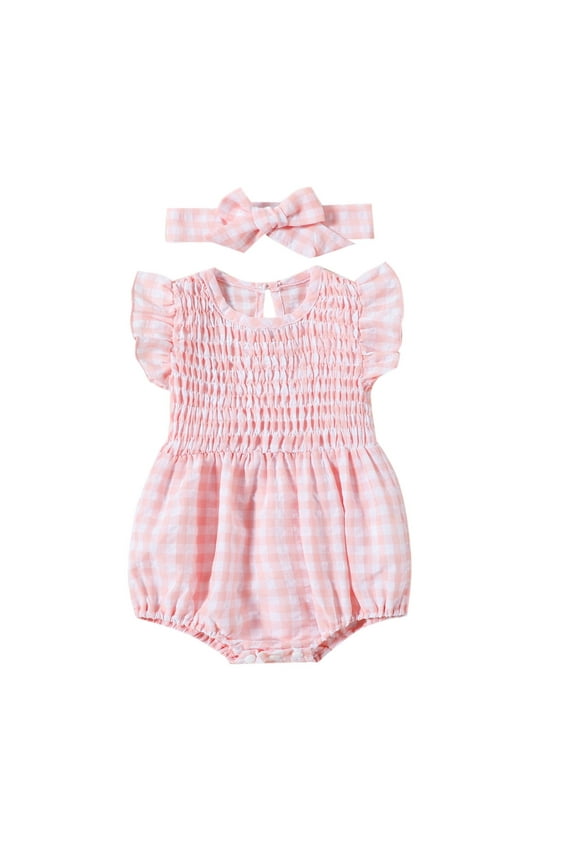 Clearance 3-6 Month Girl Clothes Infant Girls Sleeveless Plaid Prints Romper Newborn Bodysuits Clothes Headbands Set (Pink,80)