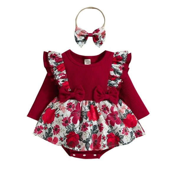 XYIJANI Clearance Newborn Girl Clothes Infant Girls Ruffles Long Sleeve Ribbed Floral Prints Bowknot Romper Newborn Bodysuits Dress Headbands Set (Wine Red,80)