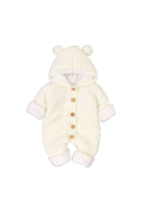Clearance Newborn Onesies Children's Plush Jumpsuit Autumn/Winter Solid Color Cute Cartoon Buckle Up Knitted Climbing Suit Party Birthday Outing New Born Clothes Baby Girl (Beige,80)
