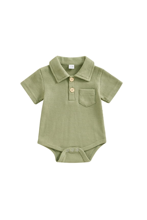 Cloud Island Baby Clothes Lesimsam Newborn Baby Boy Clothes Knit Shirt Romper Solid Color Button Up Short Sleeve Collared Bodysuit Outfit (Green,6M)