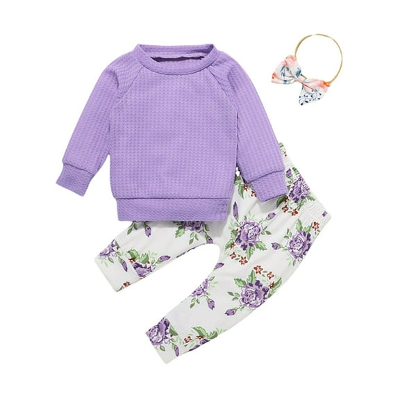 XYIJANI Cute Outfits for Girls Toddler Girl Long Sleeve Hoodie Floral Print Pant Suit With Headband for 0 To 4 Years Girls Sweatpants Outfits for Girls Clothes for Kids (Purple,80)