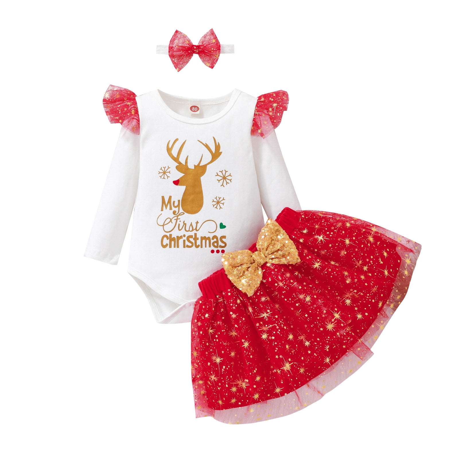 XYIJANI Deals Kids Christmas 7 Year Old Girl Clothes Infant Girls Long Sleeve Christmas Letter Cartoon Deer Printed Romper Bodysuit Tulle Skirts Headbands Outfits (Red,70)