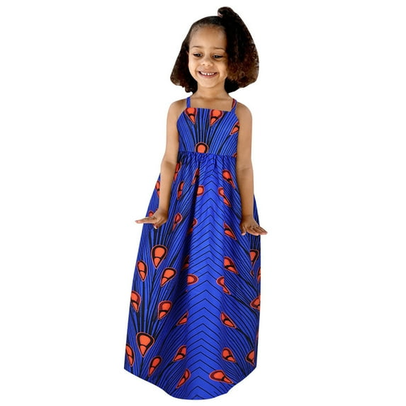 XYIJANI Girl Dress Toddler Kids Baby Girls African Dashiki Traditional Style Sleeveless Strap Dress Ankara Princess Backless Dresses Outfits 1-6Y Girls Dress (Blue,M)