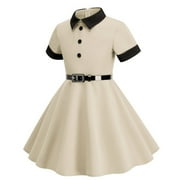 XYIJANI Girl's Fall Solid Color Long Sleeve Leaky Waist Dresses for 8 12 Years Old (Beige,L)