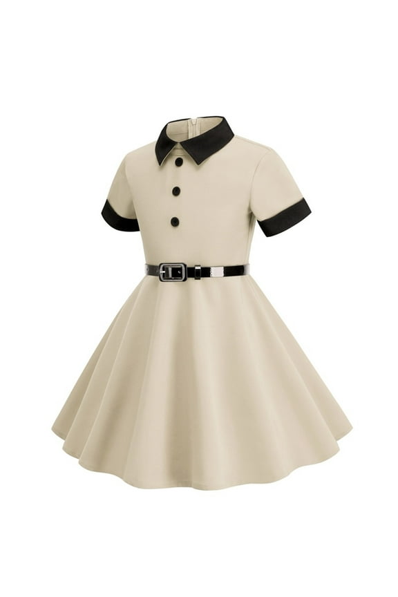 Girl's Fall Solid Color Long Sleeve Leaky Waist Dresses for 8 12 Years Old (Beige,L)