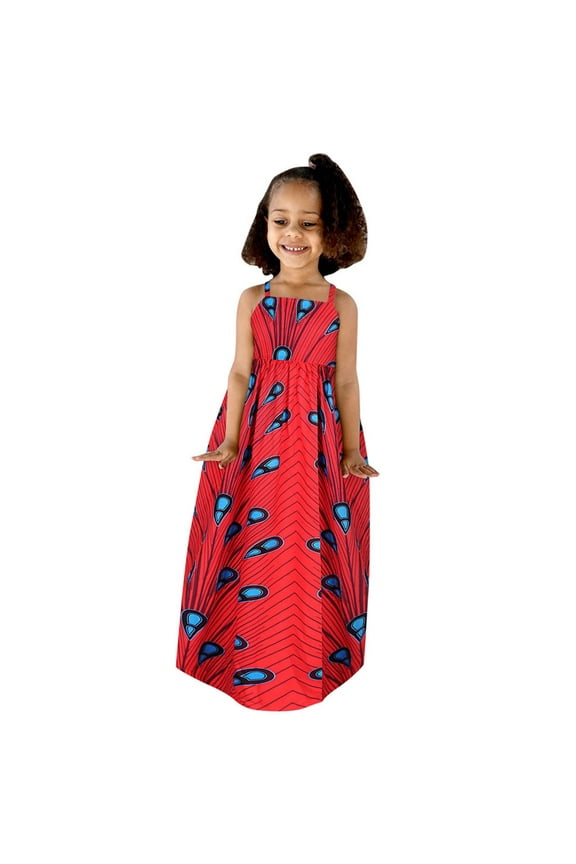 Girls 14-16 Clothes Toddler Kids Baby Girls African Dashiki Traditional Style Sleeveless Strap Dress Ankara Princess Backless Dresses Outfits 1-6Y (Red,M)