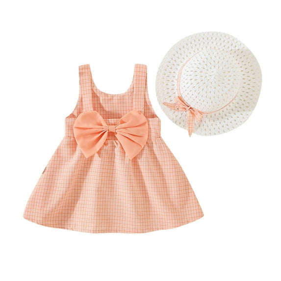 XYIJANI Girls Dress Toddler Girls Dress Sleeveless Plaid Skirt Bow Cute Sweet Suspender Dress Princess Dress With Hat Dress Girls Dresses for Little Girls Dress Summer (orange,10)