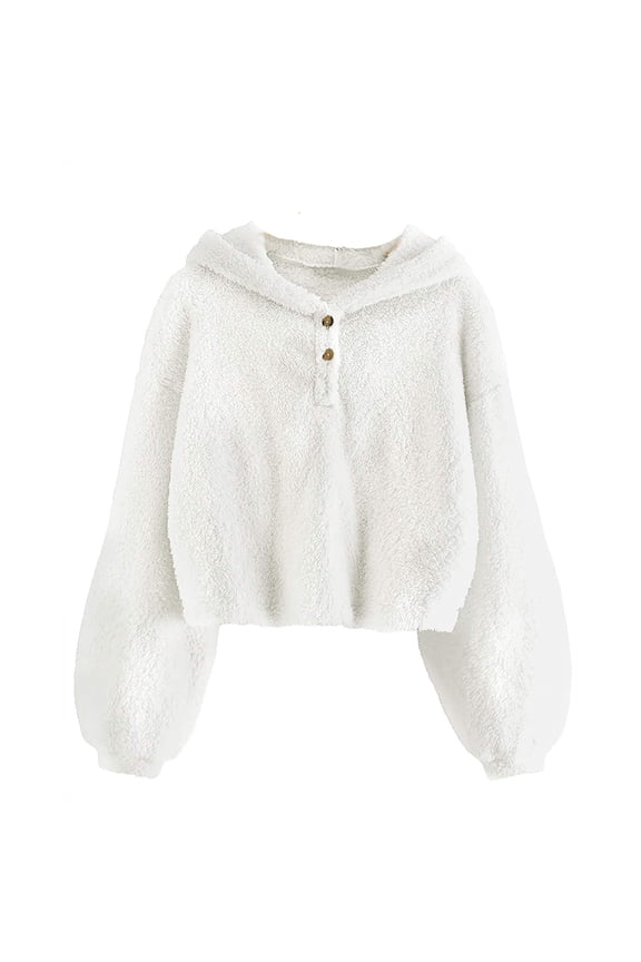 Hoodie Kids Girl's Fleece Hoodie Warm Loose Button Down Pullover Jacket Top Coat (White,M)