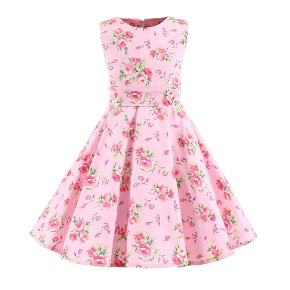 XYIJANI Little Girls Dresses Outfits Party Sleeveless Gown Dress Kid Dots Prints Floral Children Girl Princess Clothes Girls Dresses Summer Dress for Girls Dresses for Little Girls (Pink,XS)