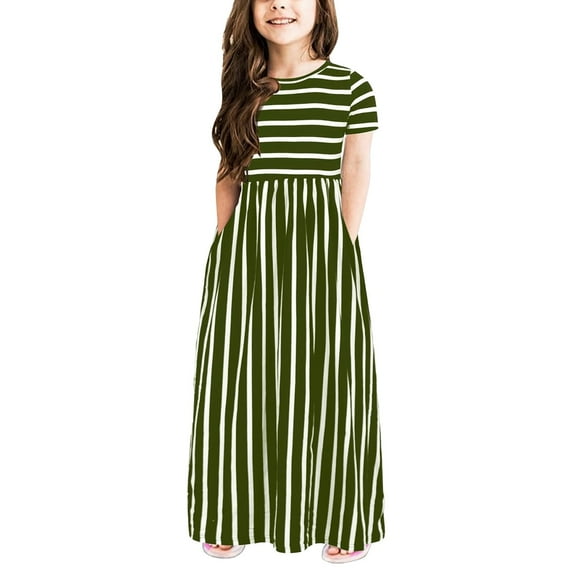 XYIJANI Toddler Girls Casual Dresses Short Sleeve Striped Print Dress Kids Baby Girls Summer Beach Dresses Clothes (Green,110)